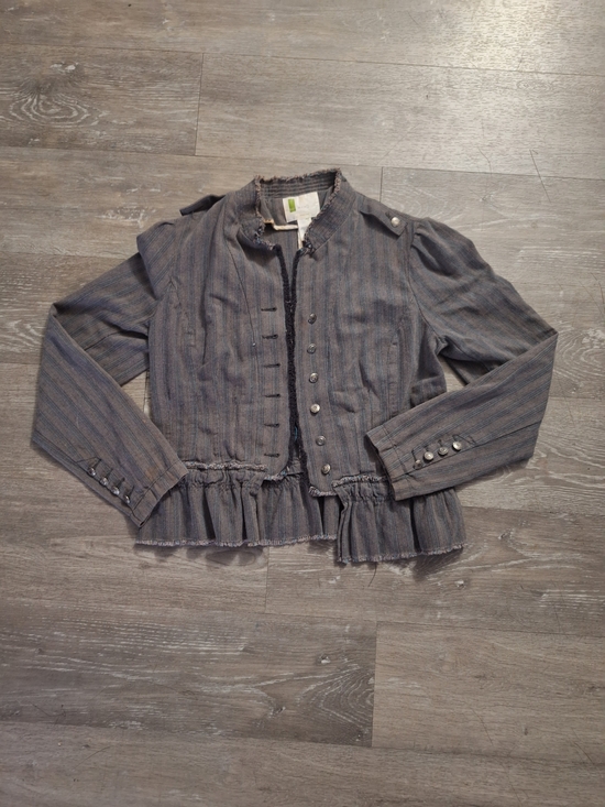 Urban Outfitters Jackets & Blazers - Urban Outfitters Victorian Striped Gray Ruffle Pepulum Hem Cropped Blazer